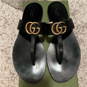 Authentic Gucci Marmont GG Black Thong Sandals Size 40 US 9.5-10